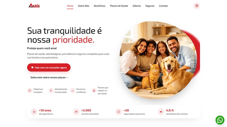 Site institucional da ACELC Corretora de planos e seguros, desenvolvido pela SitesVeloz